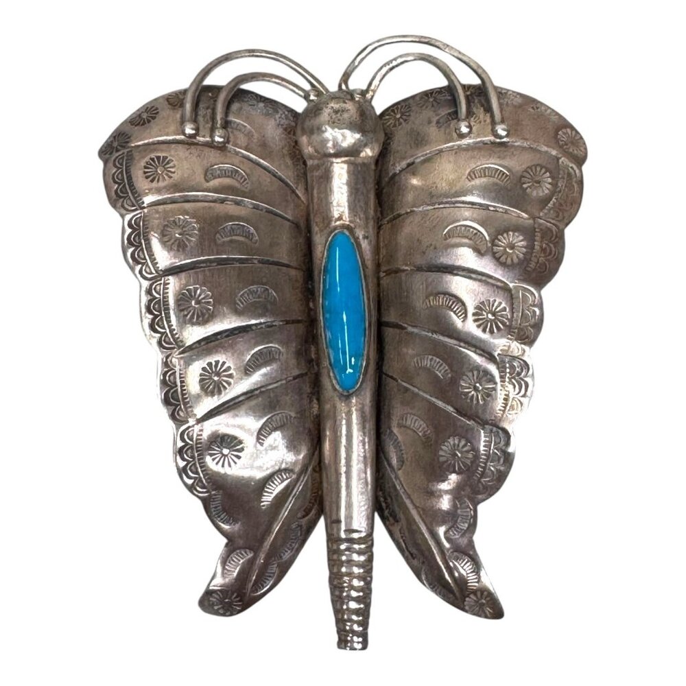 Vintage Navajo Detail Sterling Silver Turquoise Butterfly Moth Insect Brooch Pin